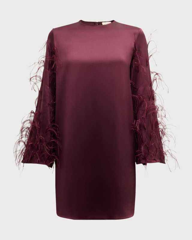 Feather Long-Sleeve Satin Mini Shift Dress