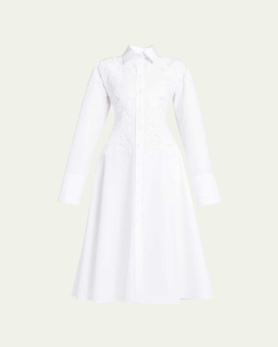 Floral Tonal Embroidered Long-Sleeve Midi Shirtdress