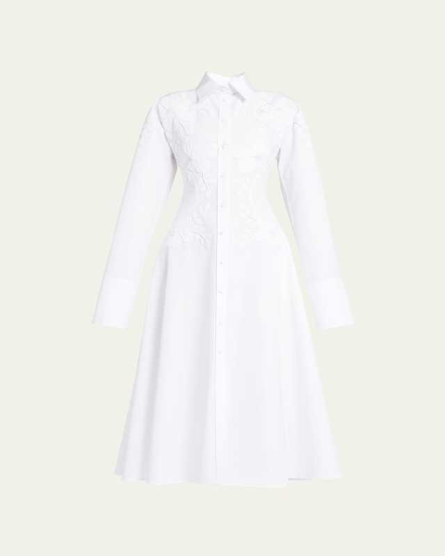 Floral Tonal Embroidered Long-Sleeve Midi Shirtdress