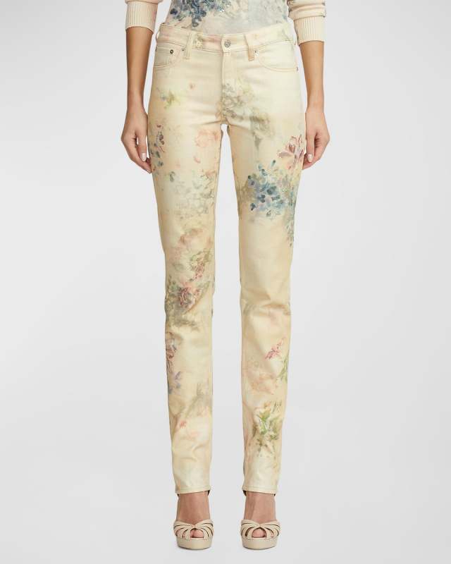 160 Faded Floral-Print Slim-Leg Jeans