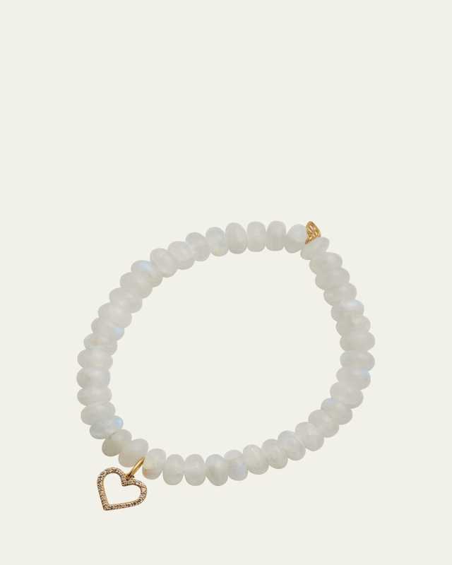 14k Gold Moonstone Beaded Bracelet with Diamond Heart Charm