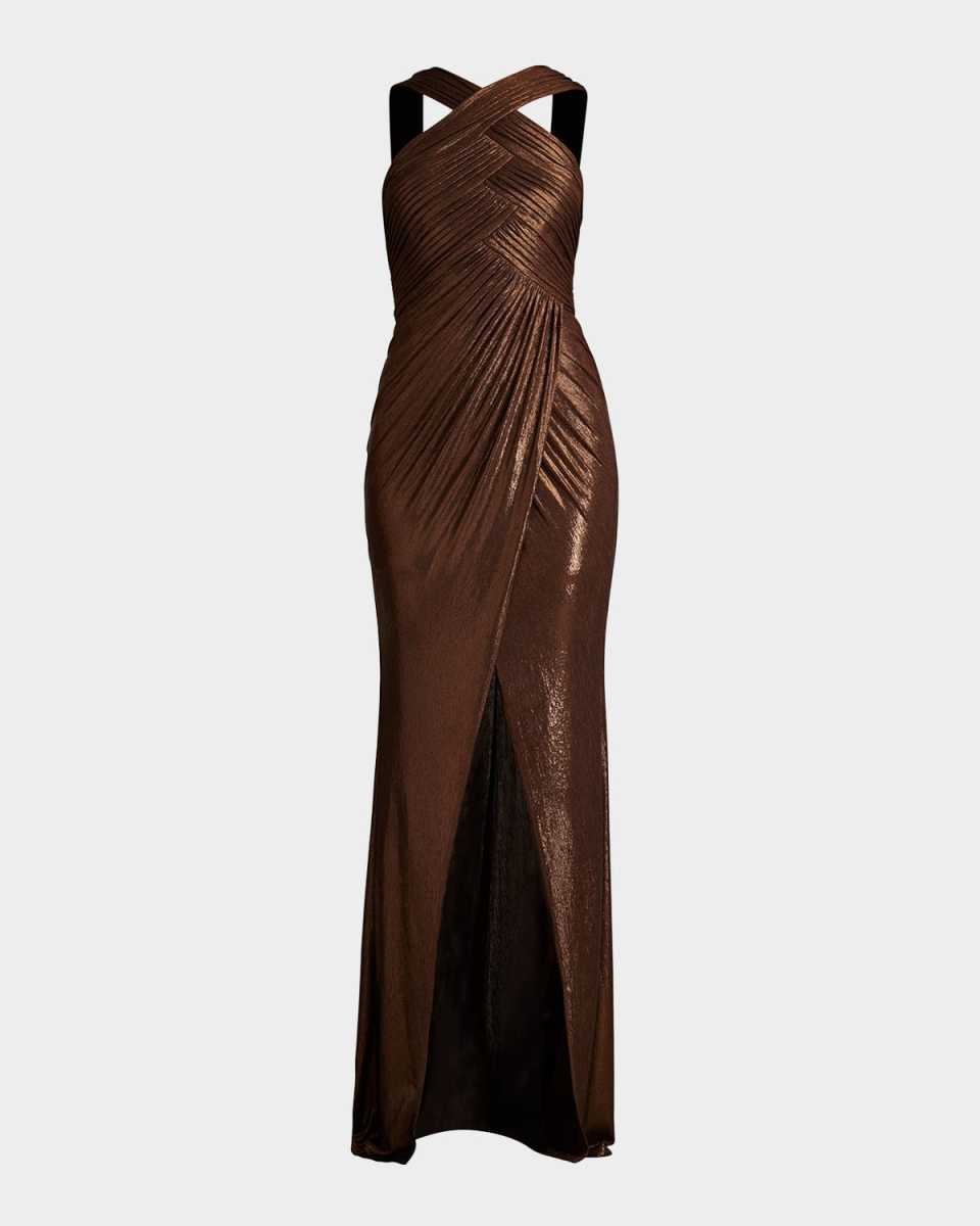Pleated Metallic Jersey Column Gown