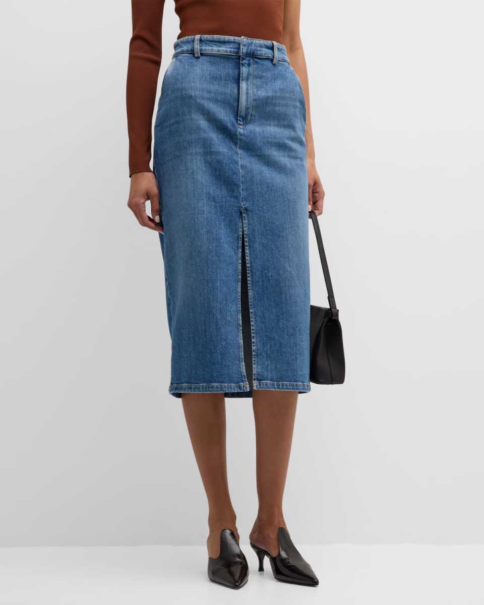 Cast Front-Slit Straight Denim Midi Skirt