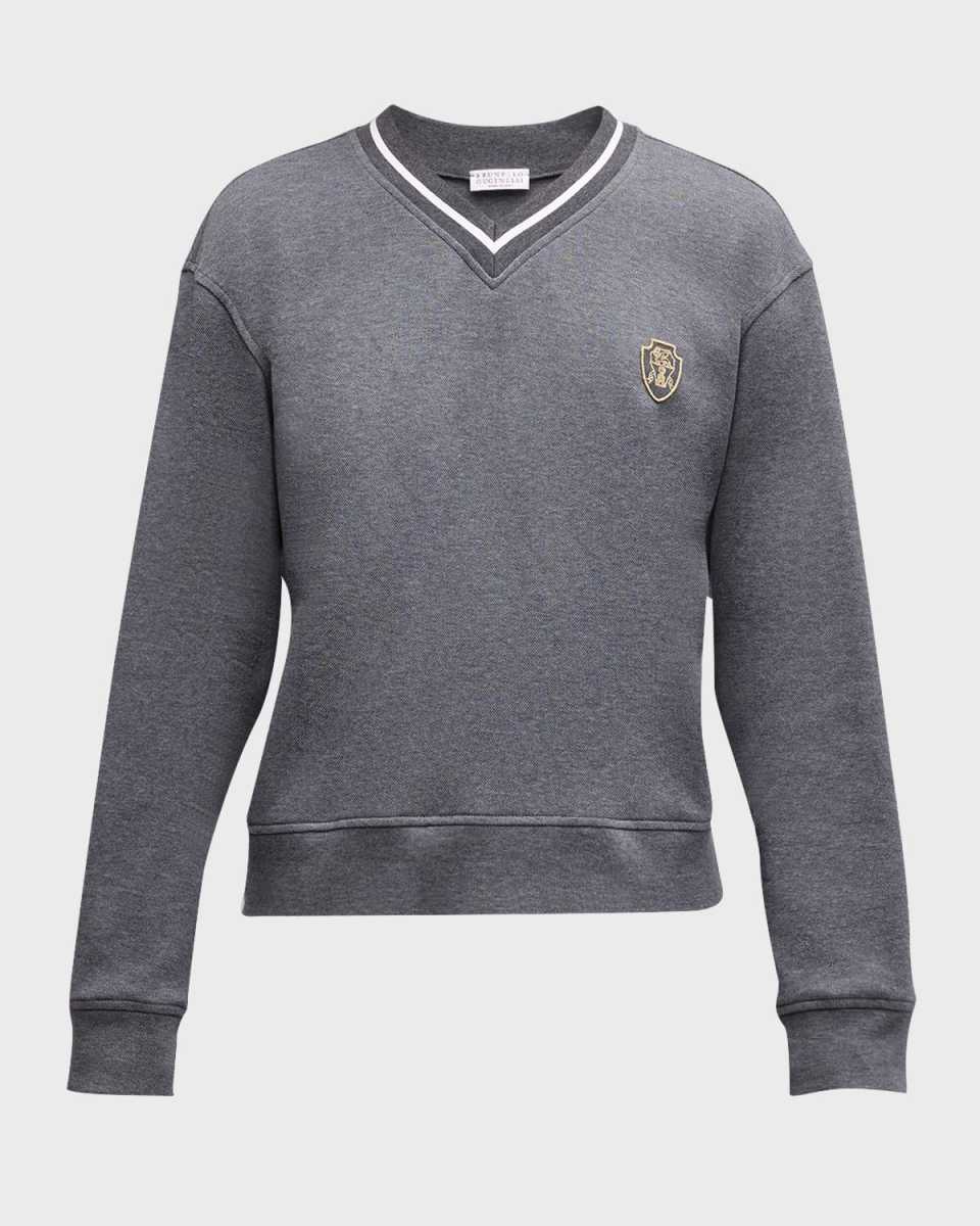 Crest-Embroidered Striped V-Neck Piquet Fleece Sweatshirt