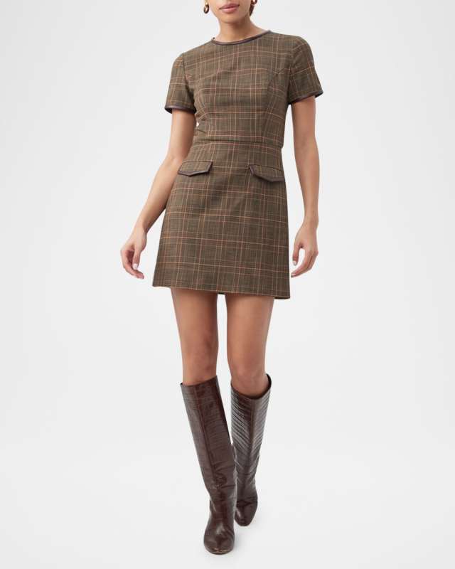 Adisa Plaid Faux Leather Trim Mini Dress