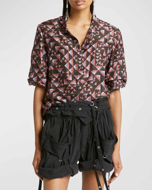Ilda Abstract-Print Band-Collar Button-Down Shirt