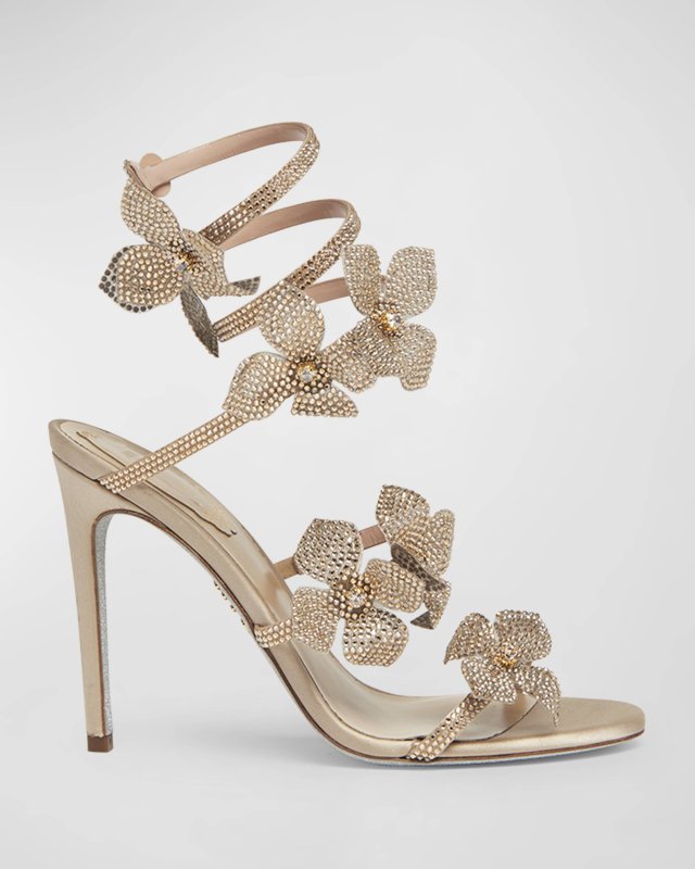 RENE CAOVILLA Floraine Crystal Flowers Ankle-Wrap Sandals