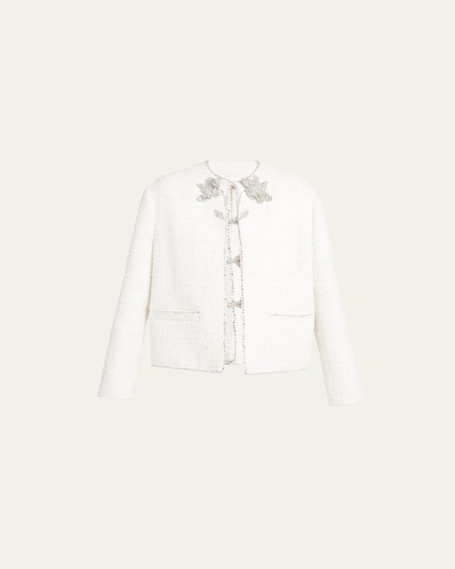 Silver Embroidered Floral Tweed Boxy Blazer