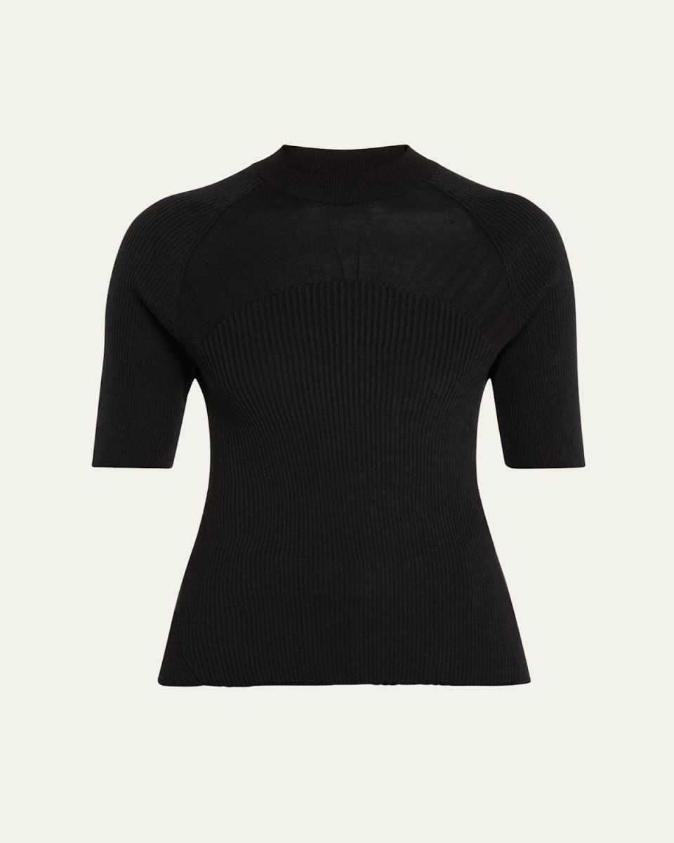 Ribbed Sheer-Yoke Sweater