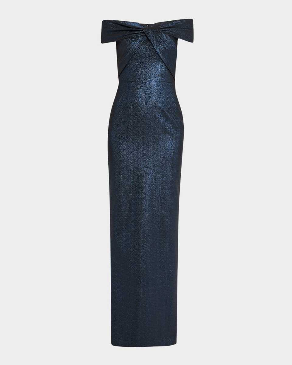 Twist-Front Off-Shoulder Stretch Metallic Gown