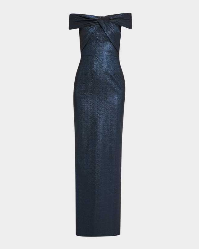 Twist-Front Off-Shoulder Stretch Metallic Gown