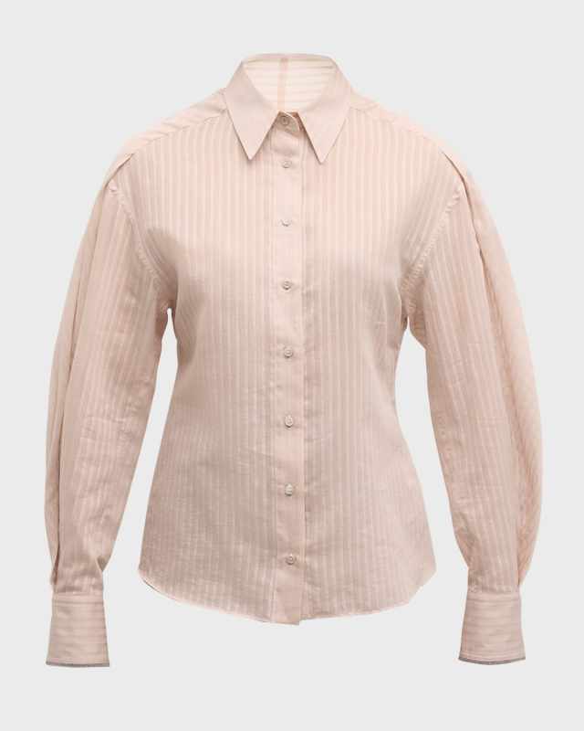 Cotton-Silk Tonal Striped Long-Sleeve Blouse