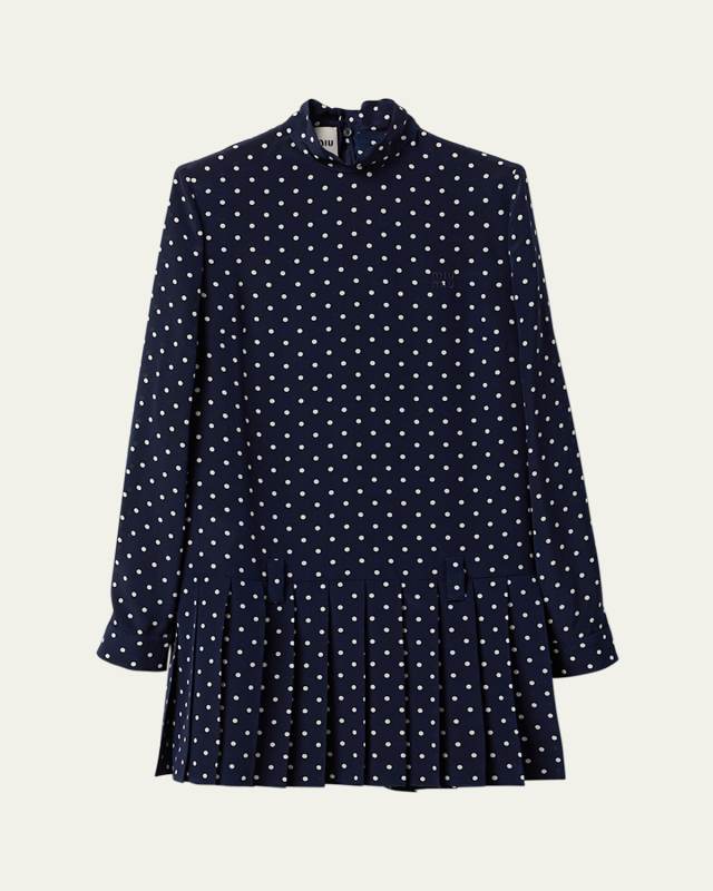 Polka Dot Crepe de Chine Scarf Collar Pleated Mini Dress