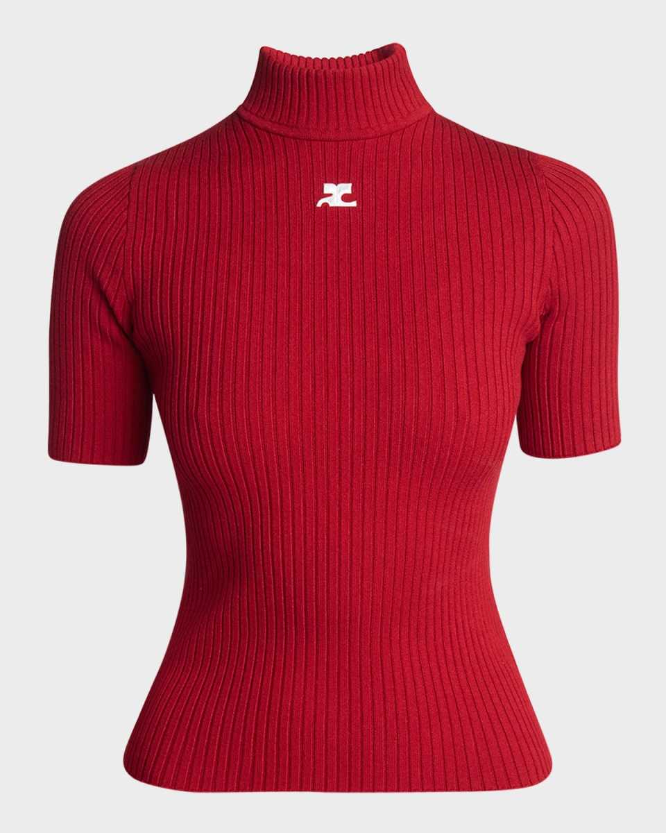 Mock-Neck Short-Sleeve Rib Pullover
