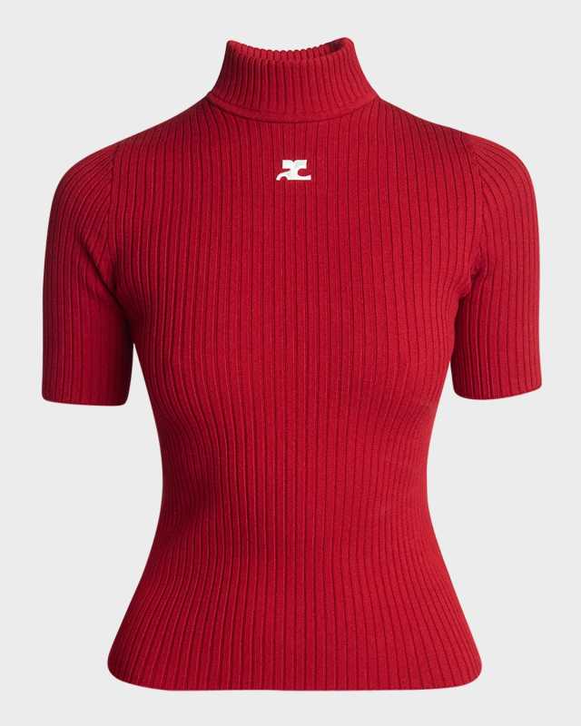 Mock-Neck Short-Sleeve Rib Pullover