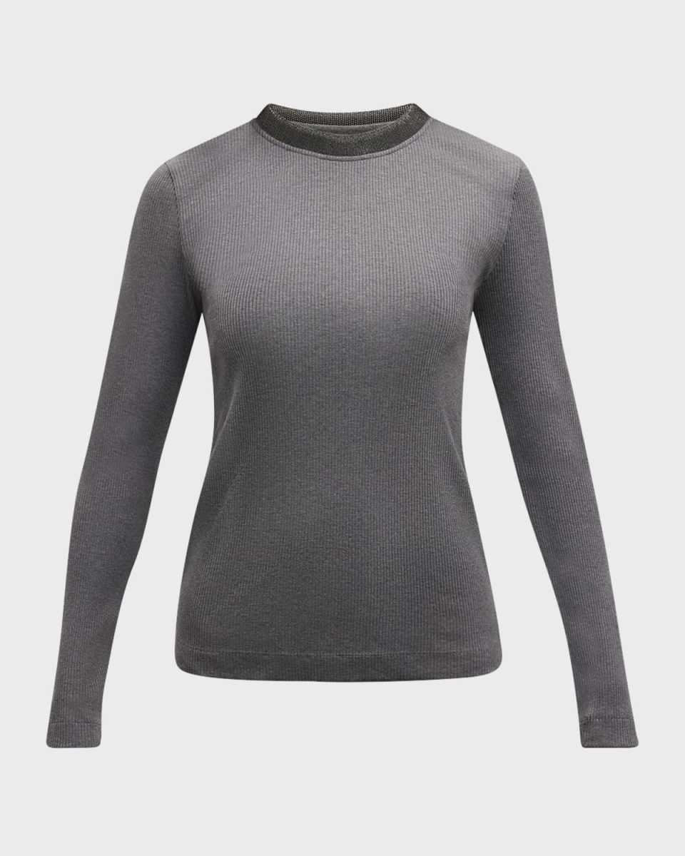 Cotton Stretch Ribbed Knit Top with Substantial Monili Collar