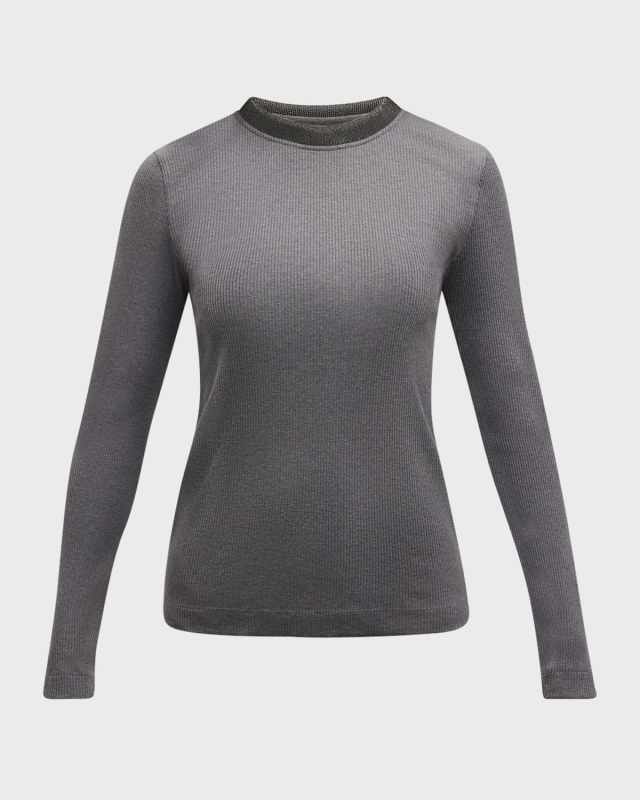 Cotton Stretch Ribbed Knit Top with Substantial Monili Collar