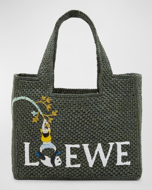 Font Small Tote Bag in Raffia with Pandas