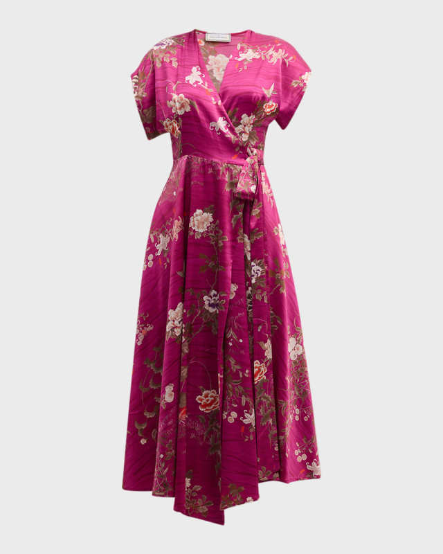 Floral-Print Silk Midi Wrap Dress
