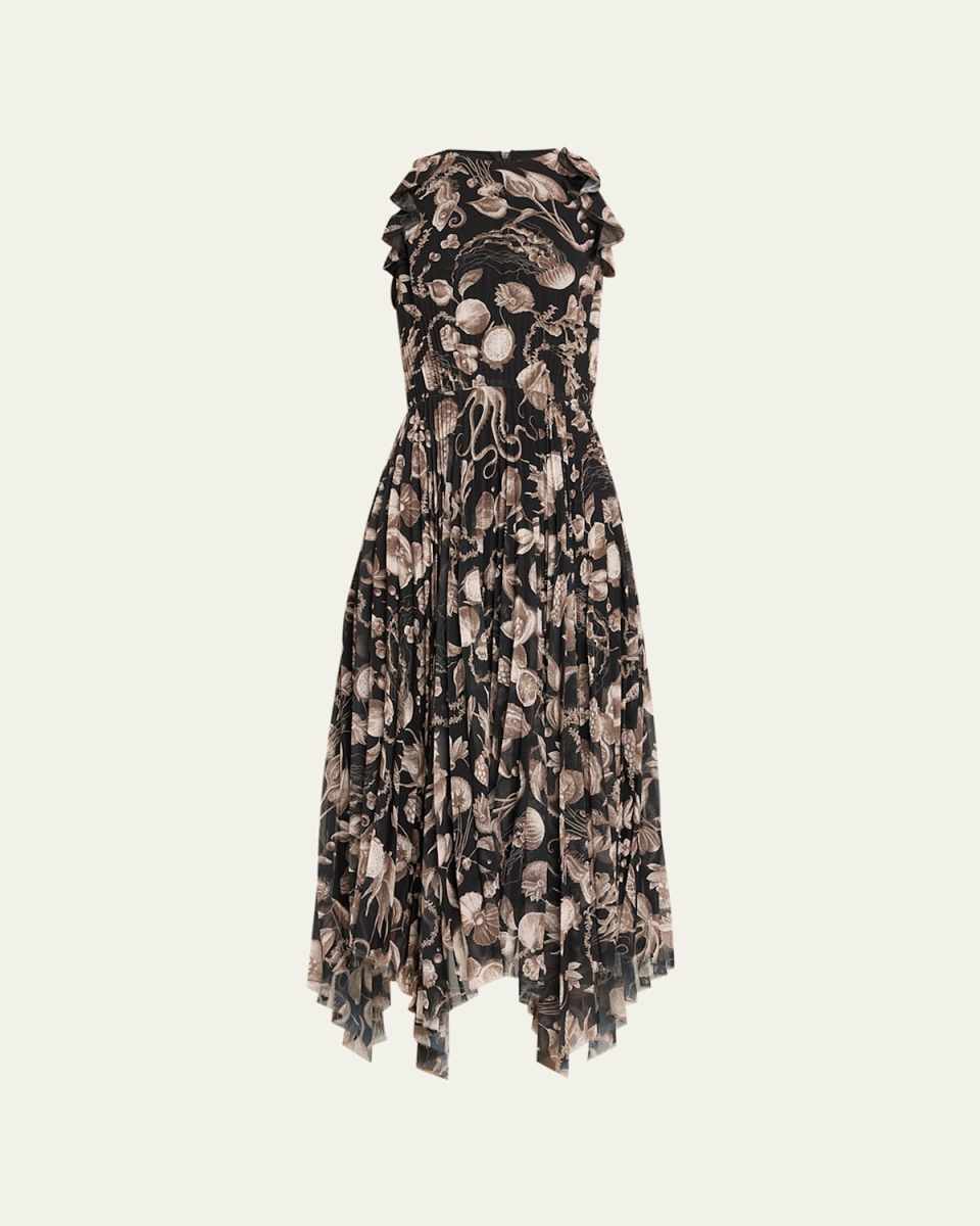 Marine Print Pleated Chiffon Midi Dress