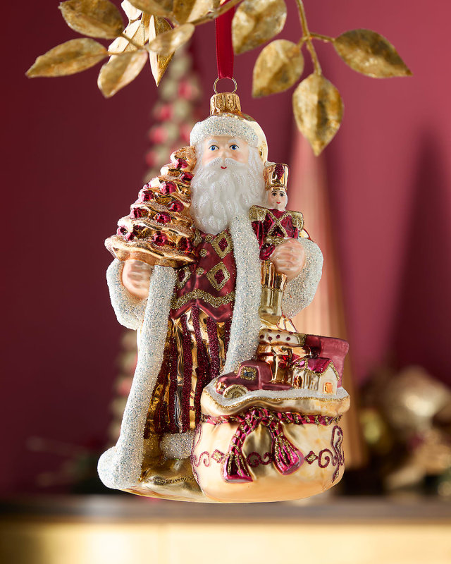 Santa Holding Tree and Nutcracker Ornament