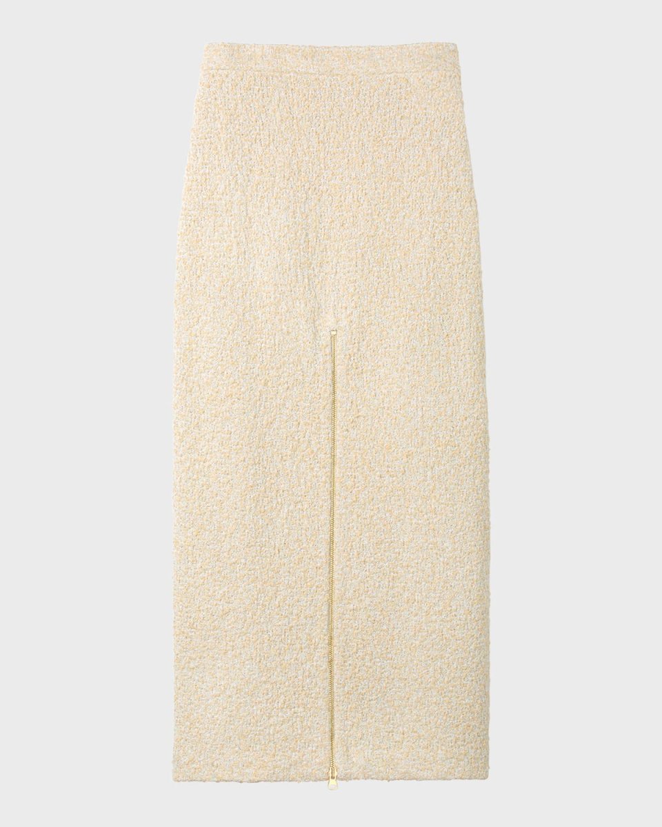 Boucle Tweed Midi Skirt w/ Front Slit Zipper