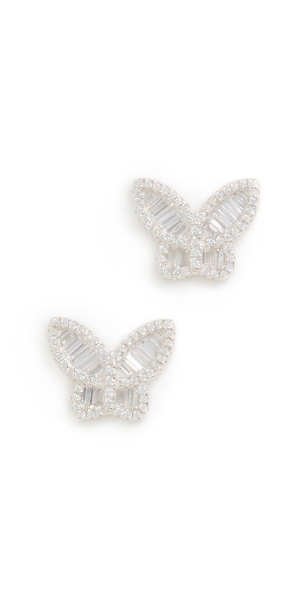 By Adina Eden Pave X Baguette Butterfly Stud Earrings Silver