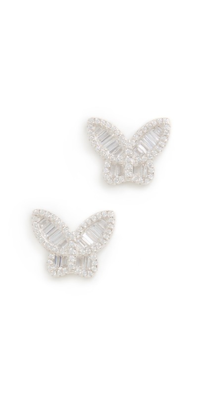 By Adina Eden Pave X Baguette Butterfly Stud Earrings Silver