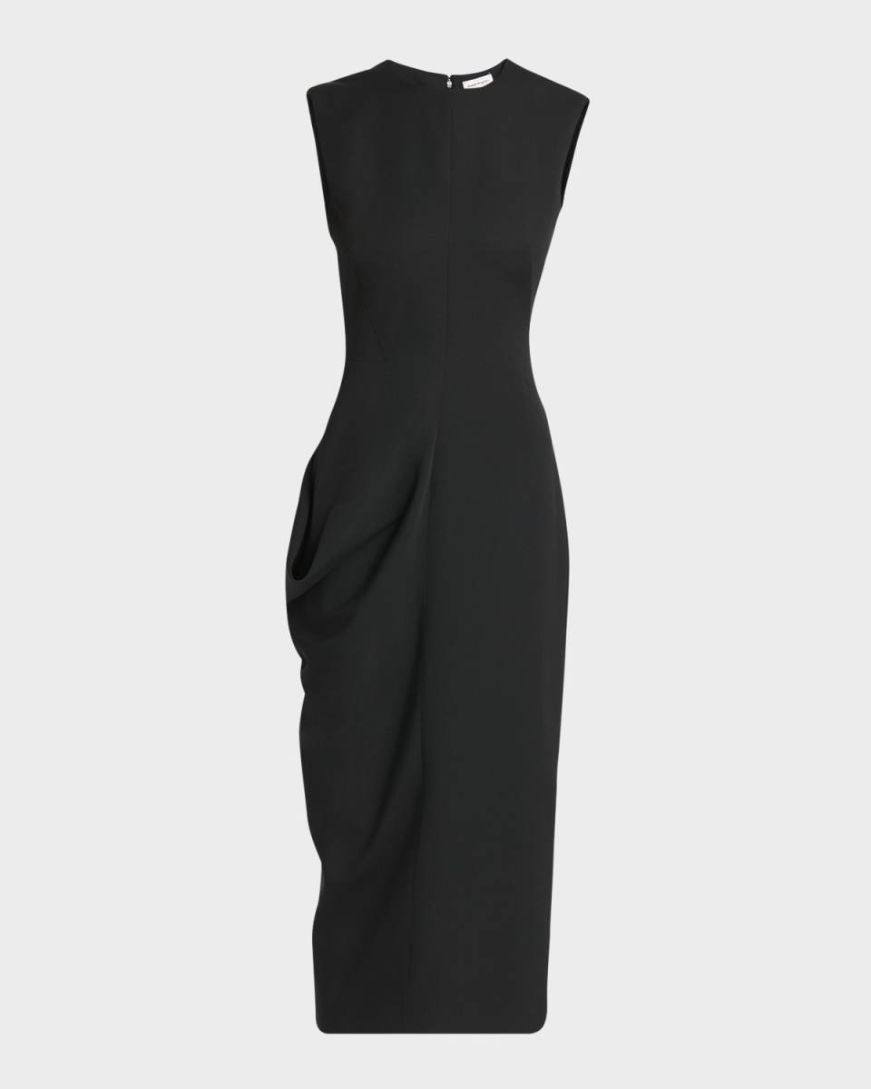 Wool Midi Dress with Draped Waist Detail