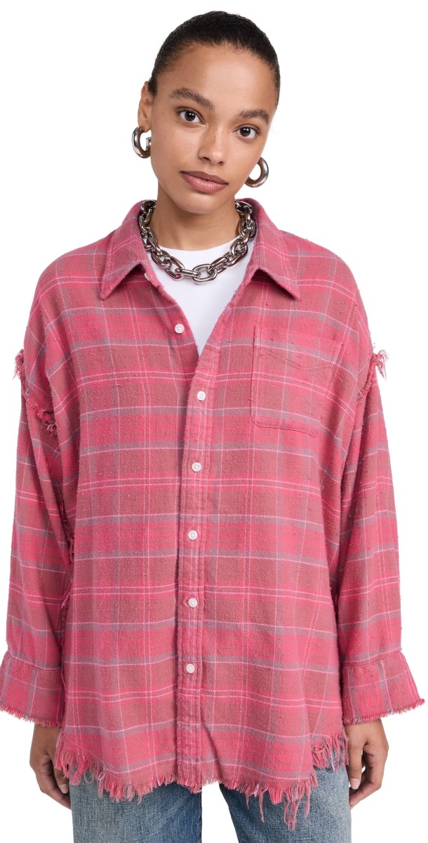 R13 Shredded Seam Drop Neck Shirt Raspberry Overdyed Plaid
