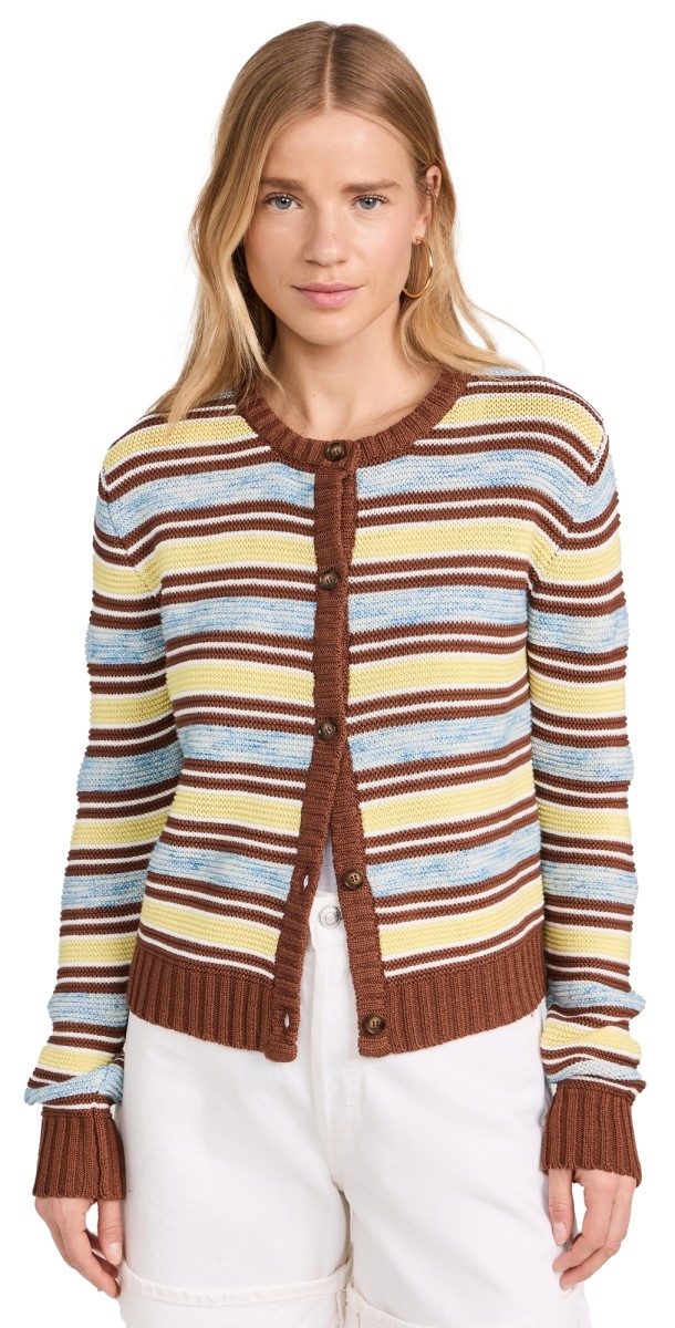 Rosie Assoulin Striped Cotton Crew Neck Cardigan Brown