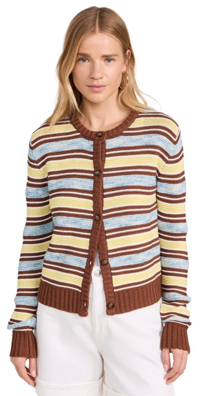 Rosie Assoulin Striped Cotton Crew Neck Cardigan Brown