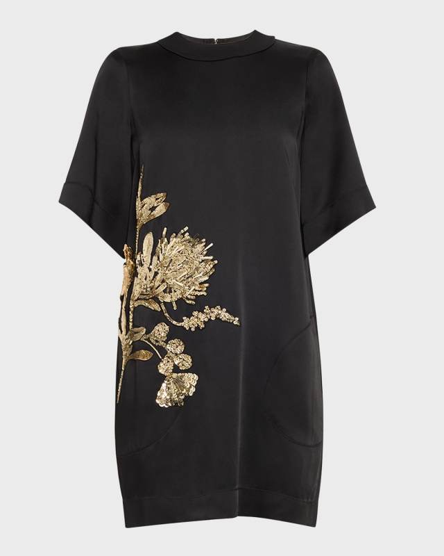 Hammered Satin Mini Shift Dress with Floral Embellished Details