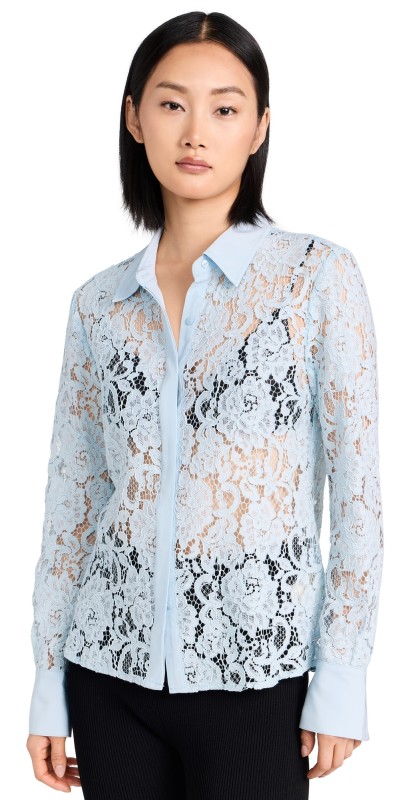 L'AGENCE Maia Lace Button Down Blouse Ice Water
