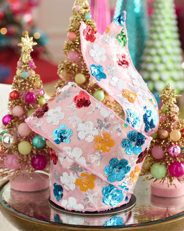 Floral Pink Metallic Ribbon, 4"W x 10 Yards