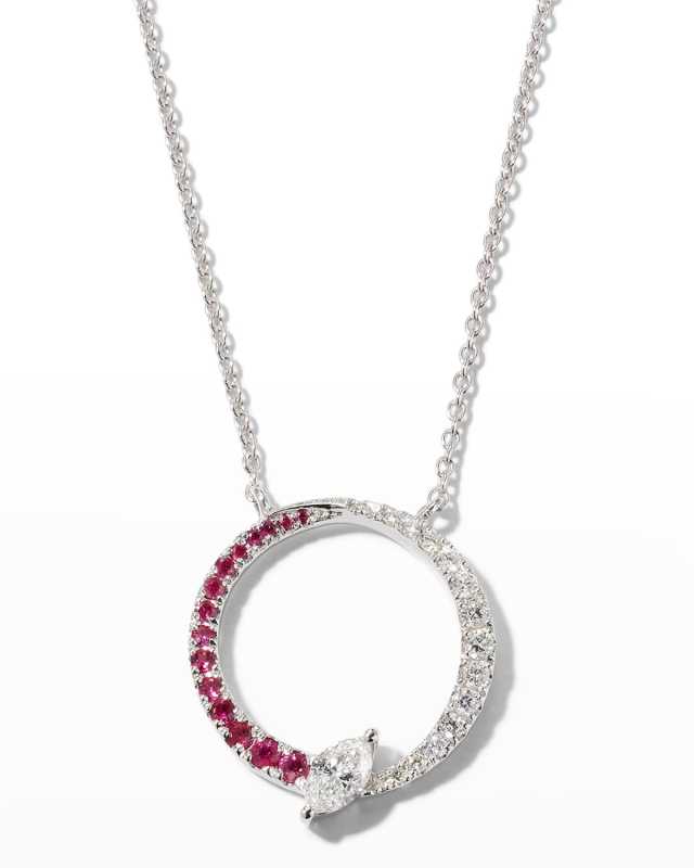 18K White Gold Marquise Half Ruby and Half White Diamond Halo Pendant Necklace