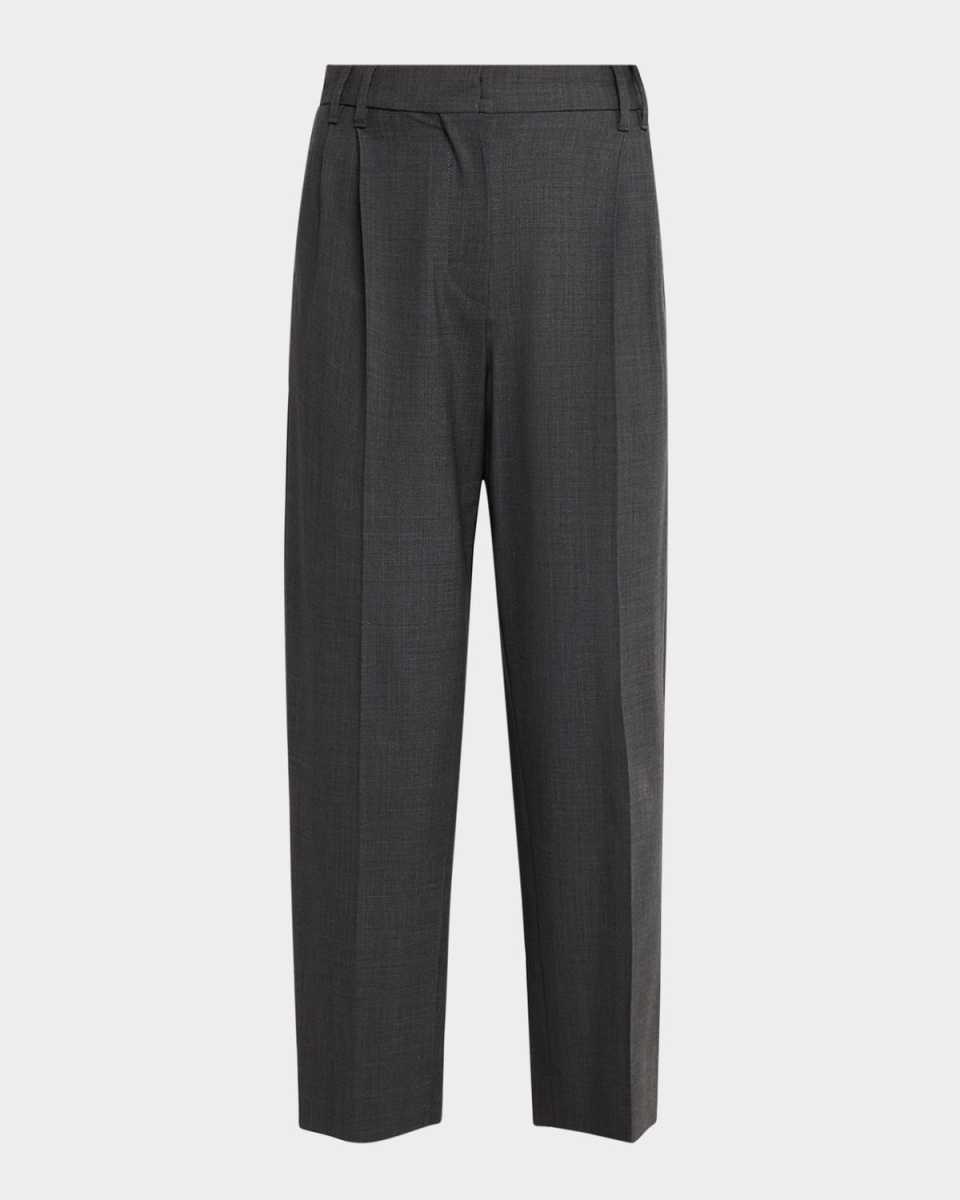 Pleated Tropical Wool Slouchy Straight-Leg Ankle Pants
