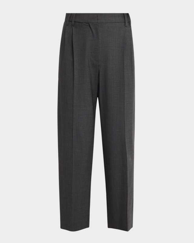 Pleated Tropical Wool Slouchy Straight-Leg Ankle Pants