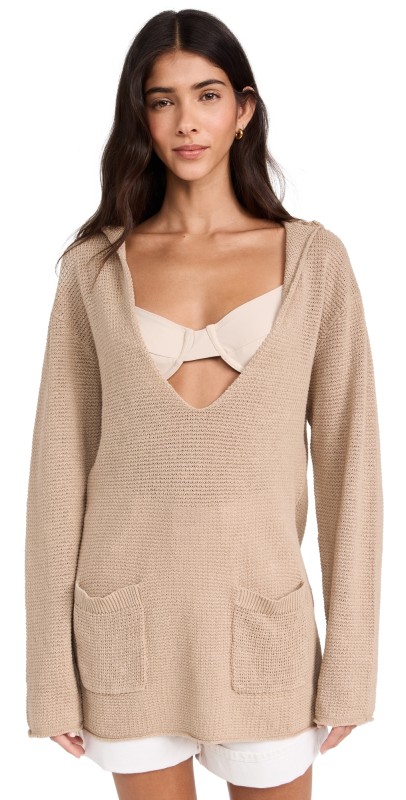 Onia Linen Knit V Neck Hoodie Jute