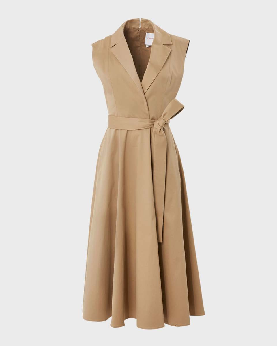 Flared Sleeveless Self-Belt Midi Trench Dress