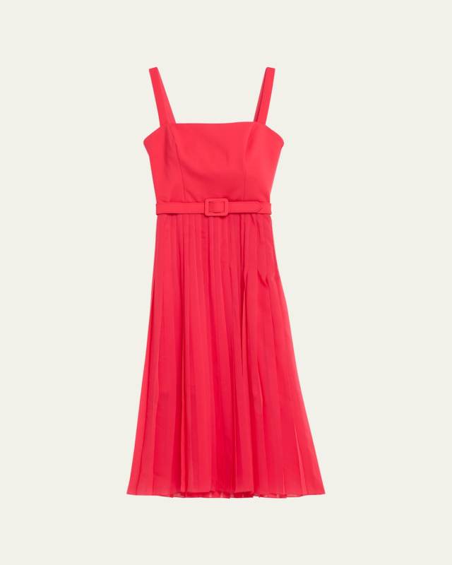 Pleated Stretch Wool Midi Dress with Self-Belt