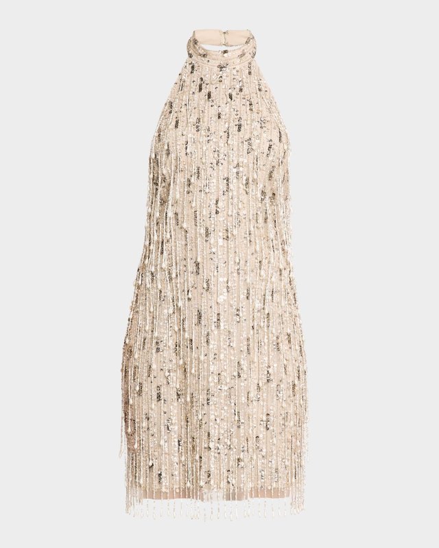 Bead & Sequin Fringe Halter Mini Dress