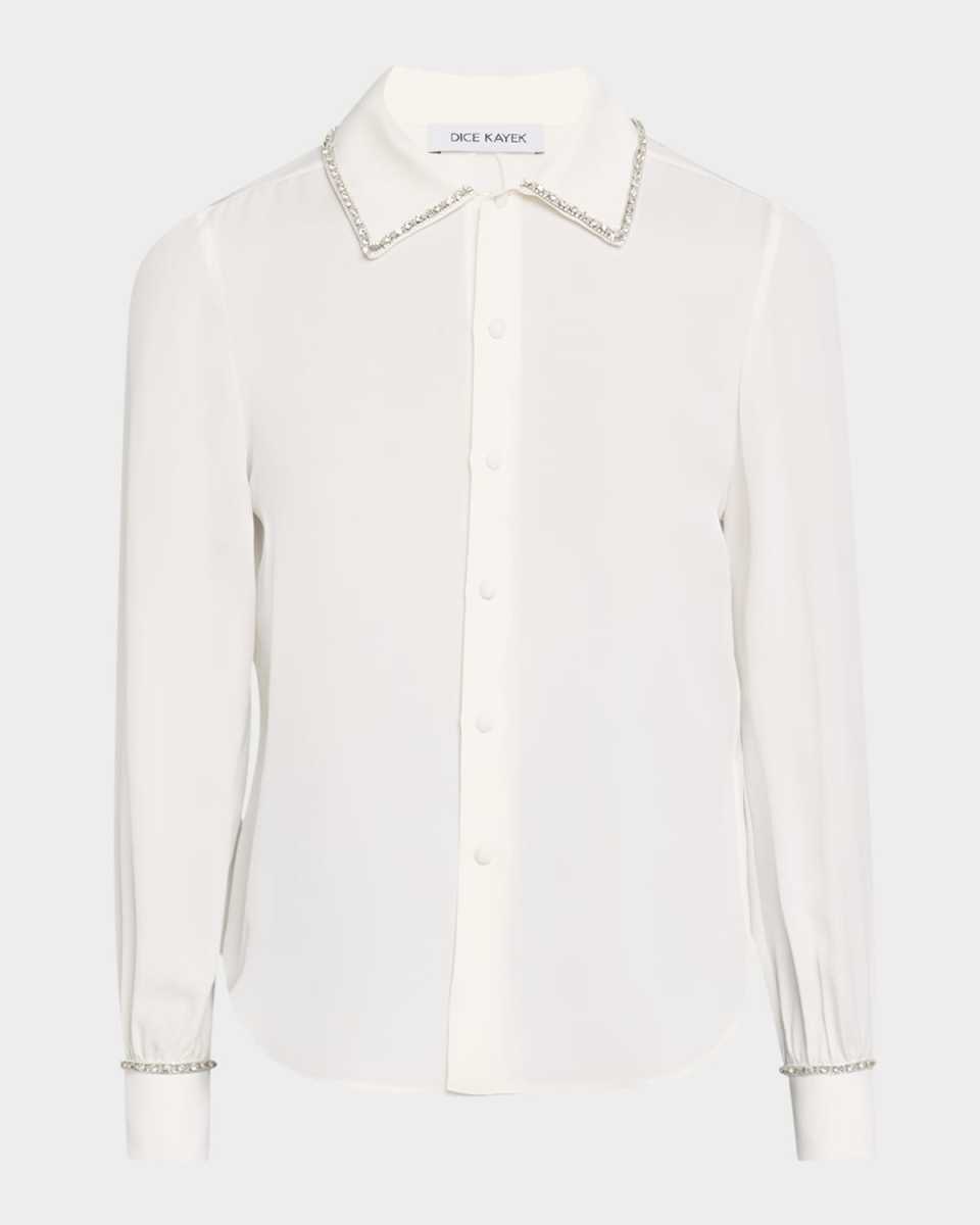 Crystal-Trim Button-Down Silk Shirt
