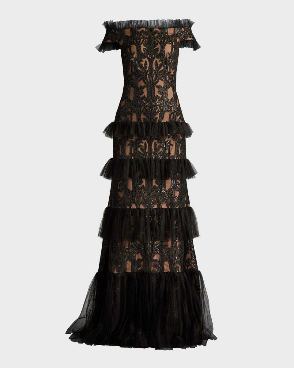 Tiered Off-Shoulder Sequin Lace Gown