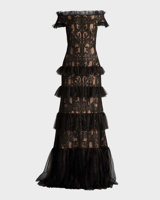 Tiered Off-Shoulder Sequin Lace Gown