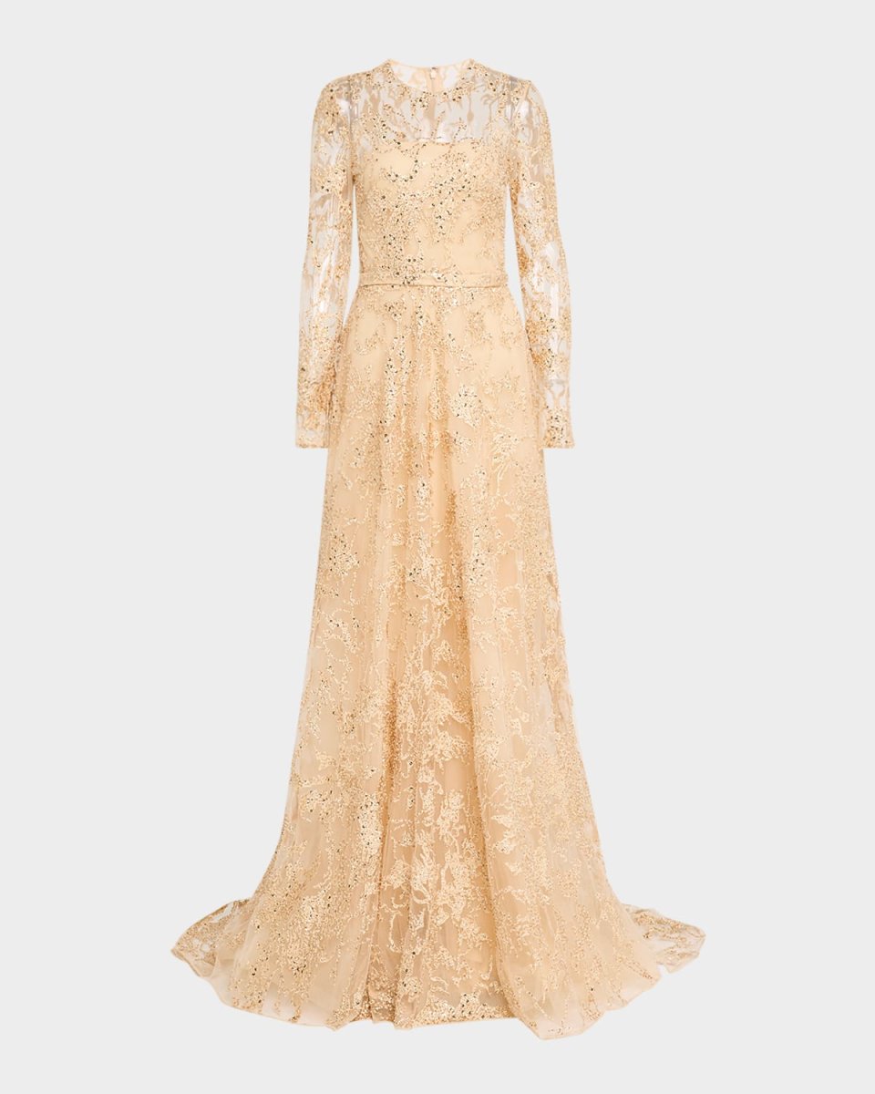 Sequin Embroidered Tulle Long-Sleeve Illusion Gown