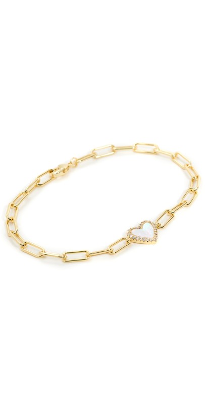 By Adina Eden Stone Heart Paperclip Bracelet Mother of Pearl