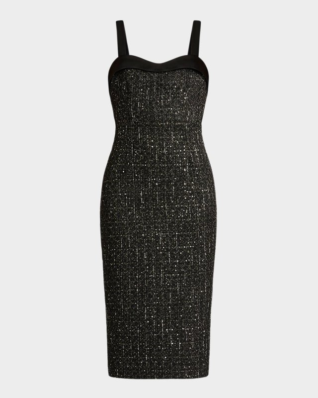 Sweetheart Sequin Tweed Midi Dress