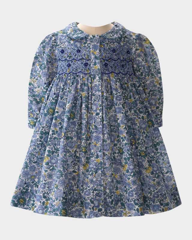Girl's Blossom-Print Smocked Button-Front Dress W/ Bloomers, Size 6M-