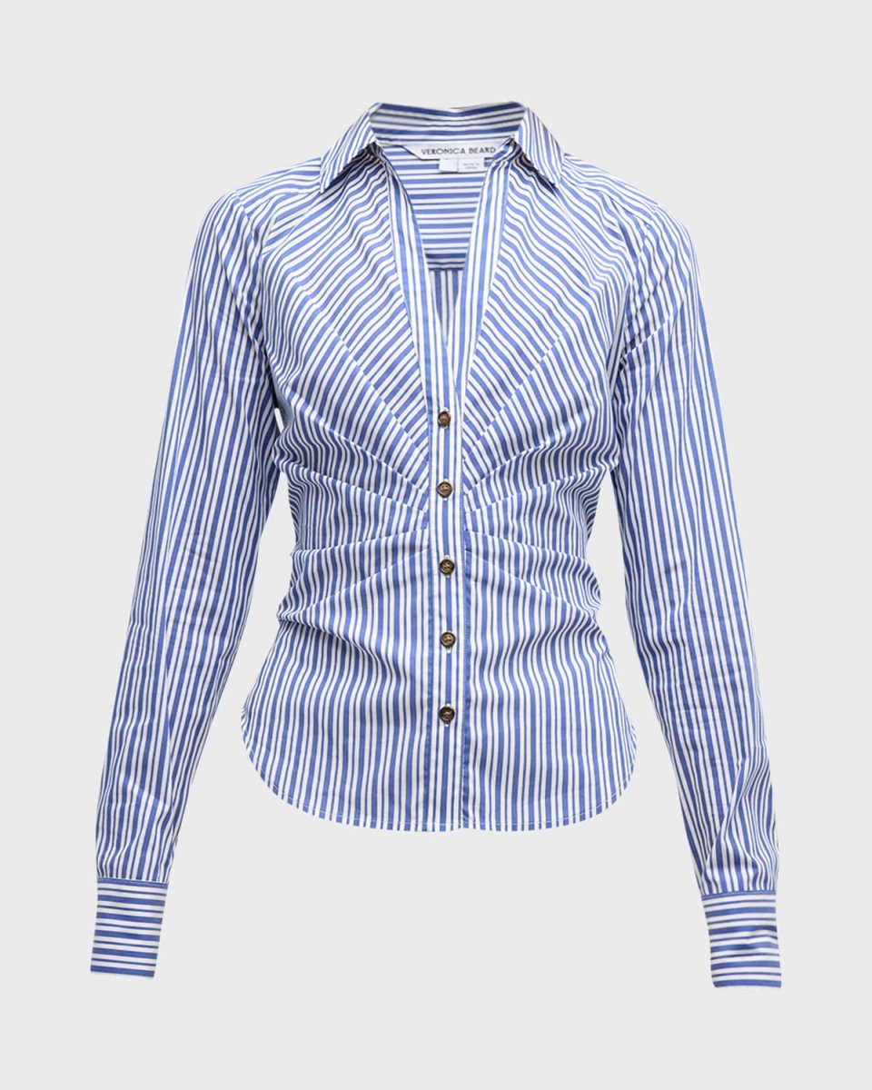 Joelle Gathered Stripe Button-Front Top
